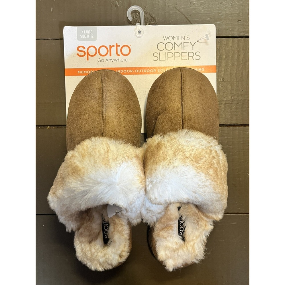 New! Women SPORTO‎ Size XL 11-12 Tan Fur Bedroom Slippers, Outdoor Sole W1